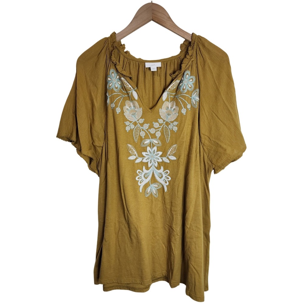 J. Jill Tunic Top Women's XL Floral Embroidered V-Neck Short‎ Sleeve Green